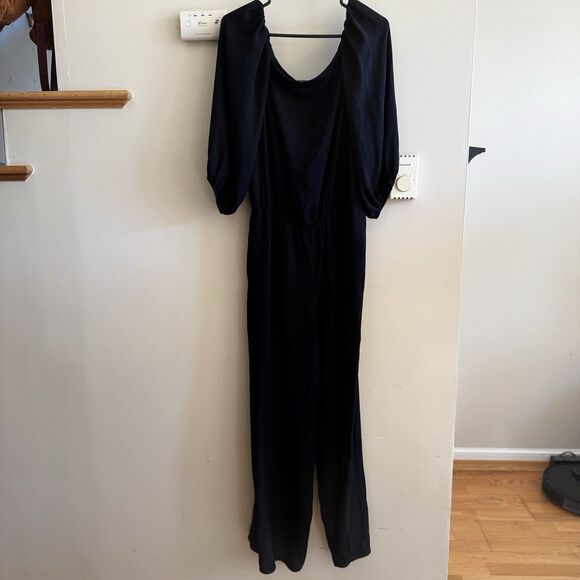 Theory Silk Classic GGT Jumpsuit Off the Shoulder Georgette Black M Boho Chic - Picture 2 of 16